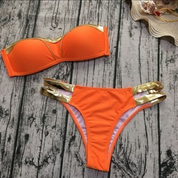 Women Swimwear Push Up Paded Bikinis Bronzing Solid Swumsuit Strapless